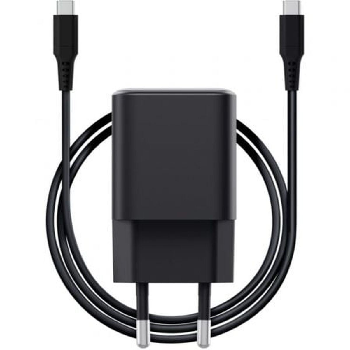 Compacte zwarte Trust oplader met USB-C kabel, ideale snelle oplaadoplossing.