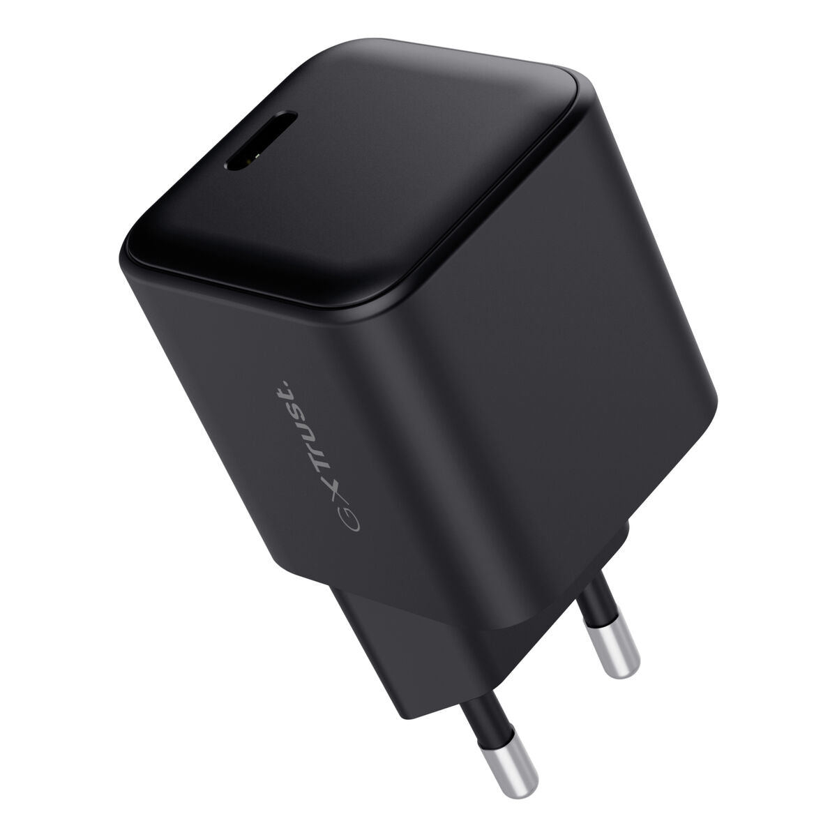 Zijaanzicht van de zwarte Trust Wandlader 65W met USB-C aansluiting.