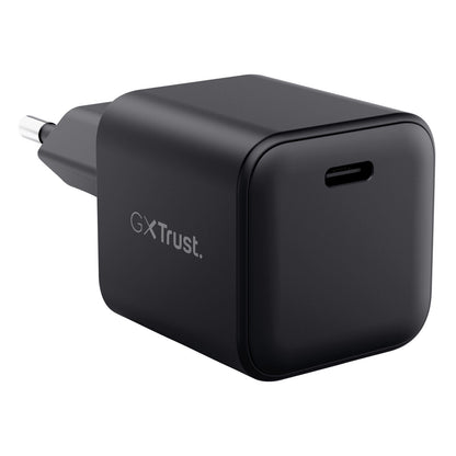 Zijaanzicht van de zwarte Trust Wandlader 65W met USB-C aansluiting.