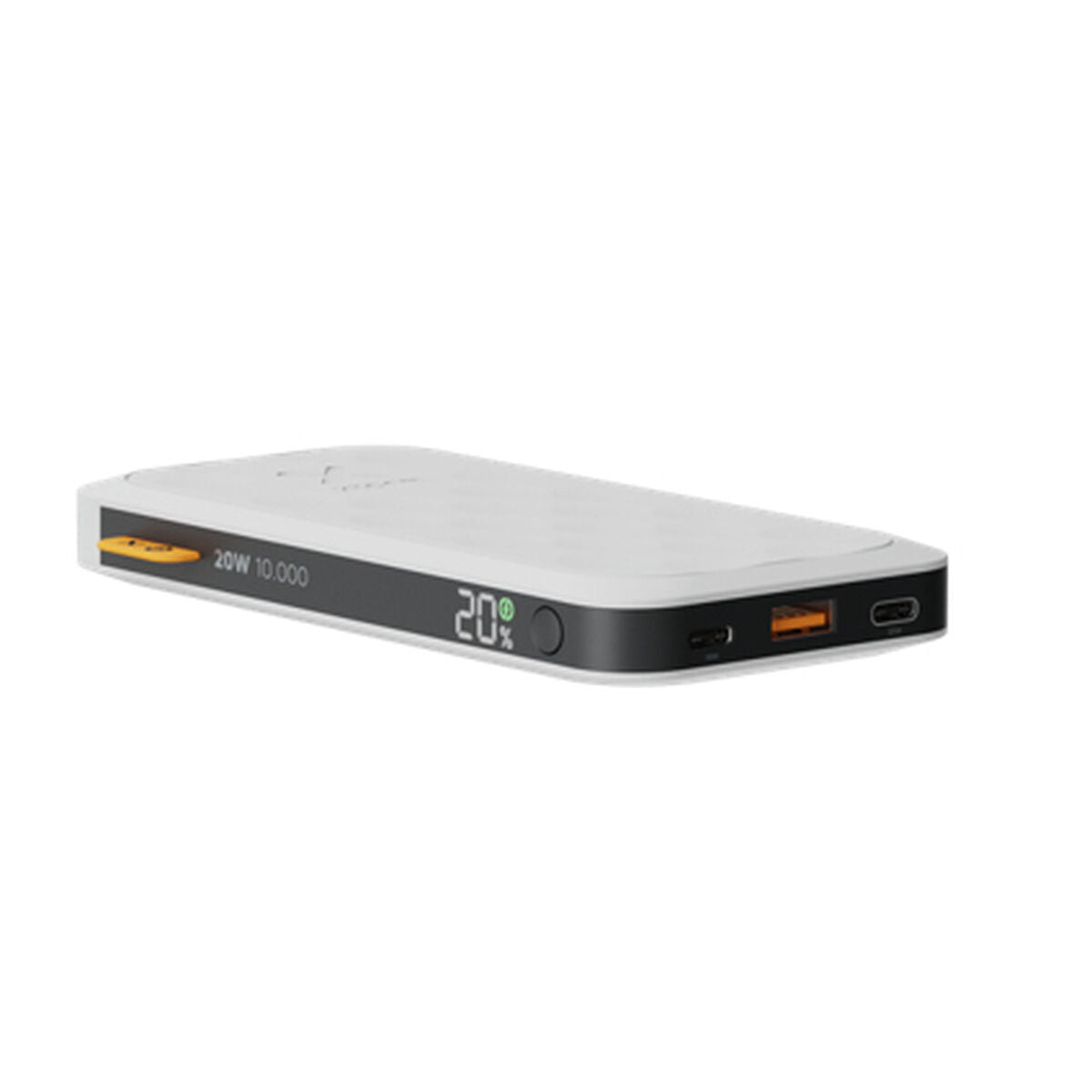 Zijaanzicht van de Xtorm Powerbank 10000 mAh met laadindicator en poorten.