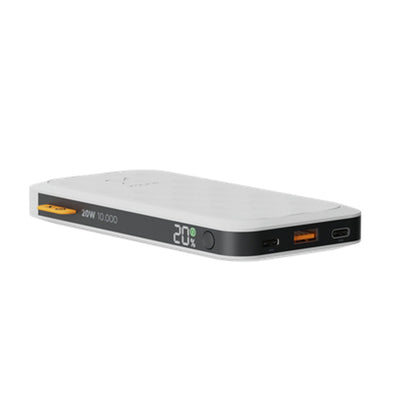 Zijaanzicht van de Xtorm Powerbank 10000 mAh met laadindicator en poorten.