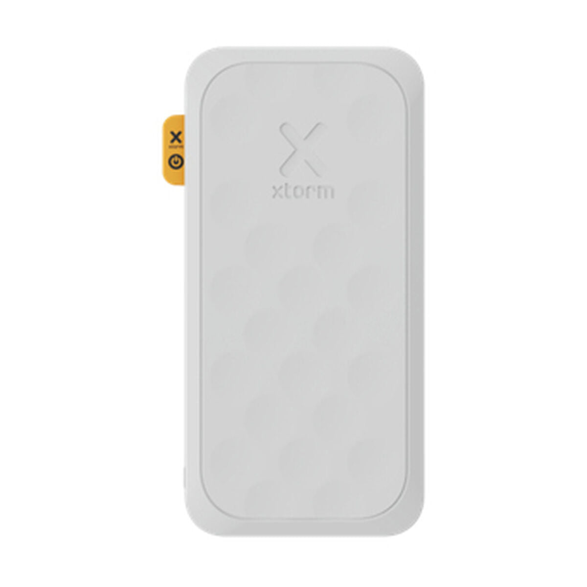Detail van de Xtorm Powerbank 10000 mAh in wit met een gladde, textuurachtige afwerking.