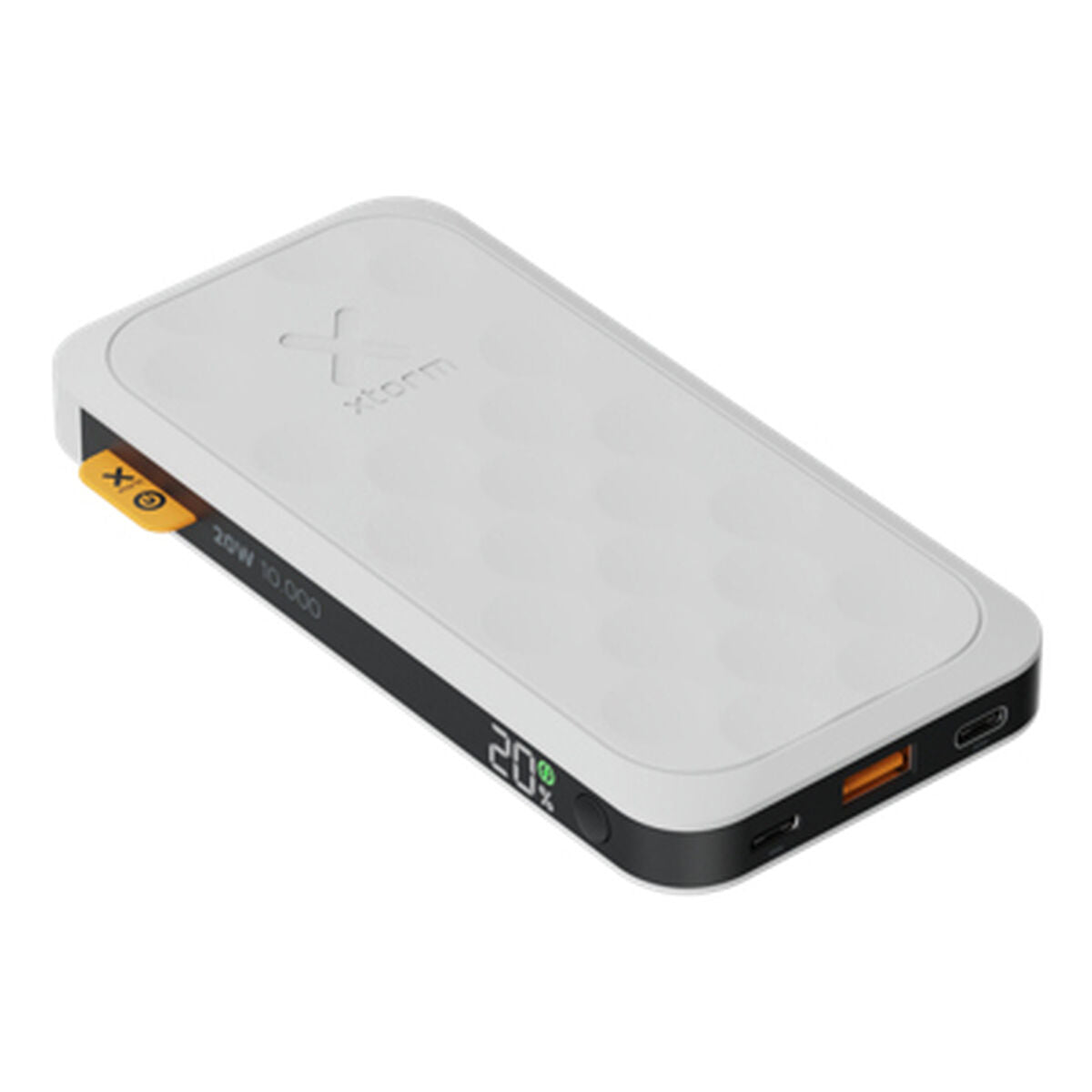 Zijaanzicht van de Xtorm Powerbank 10000 mAh met digitale batterij-indicator.