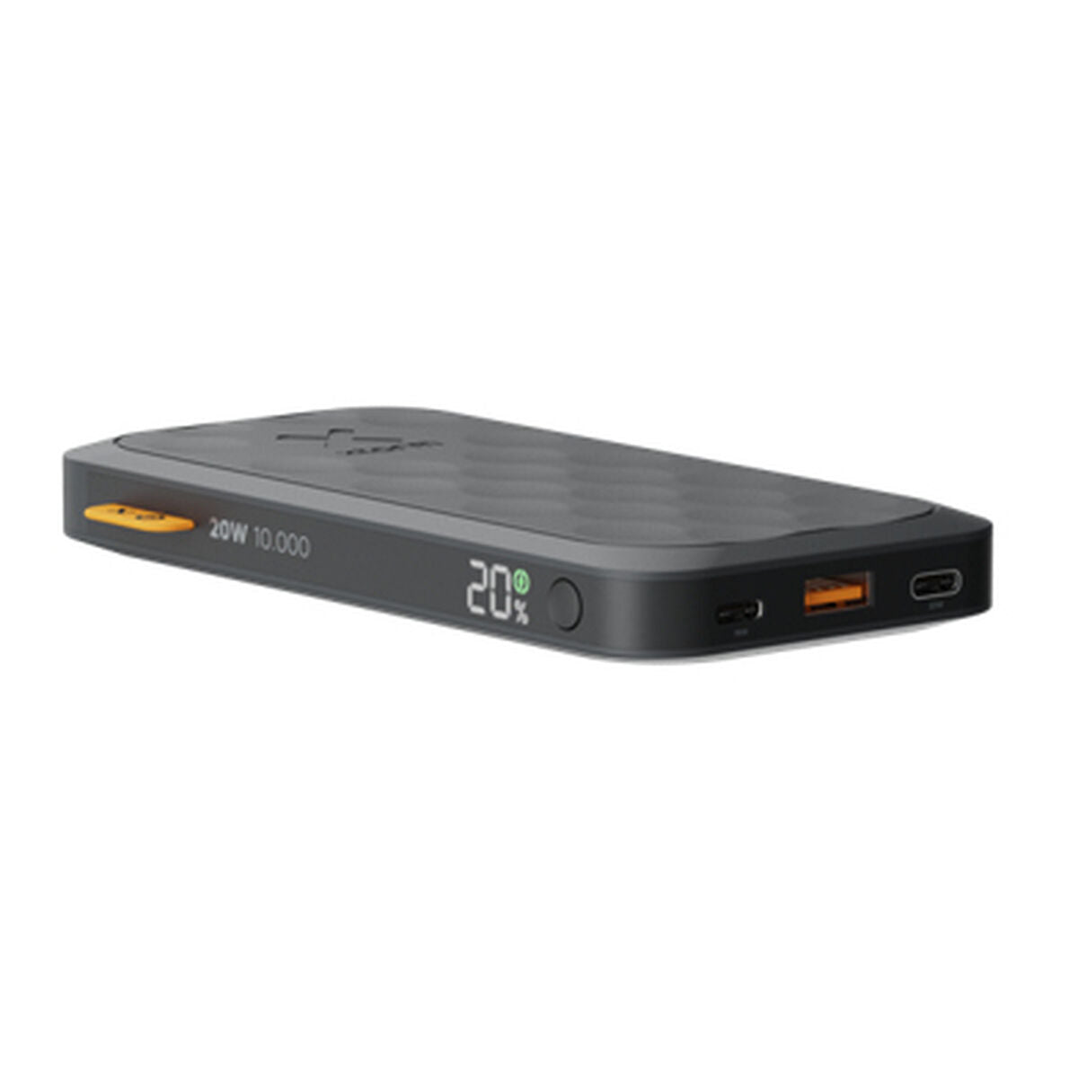 Detail van de Xtorm FS5101U powerbank met USB-C en digitale batterij-indicator.