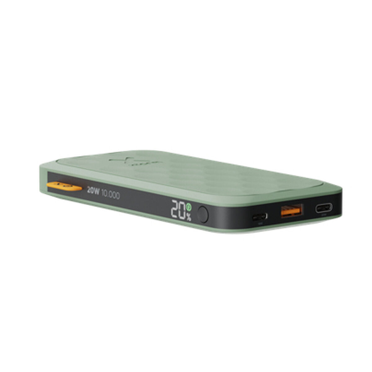 Detail van de Xtorm FS5103U batterij in groen, met USB-C en USB-A poorten.