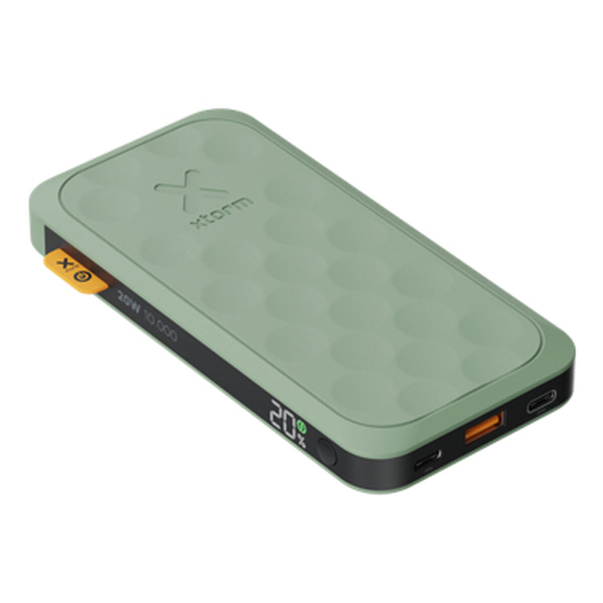 Detail van de groene Xtorm FS5103U batterij met USB-C en Quick Charge 3.0 poort.