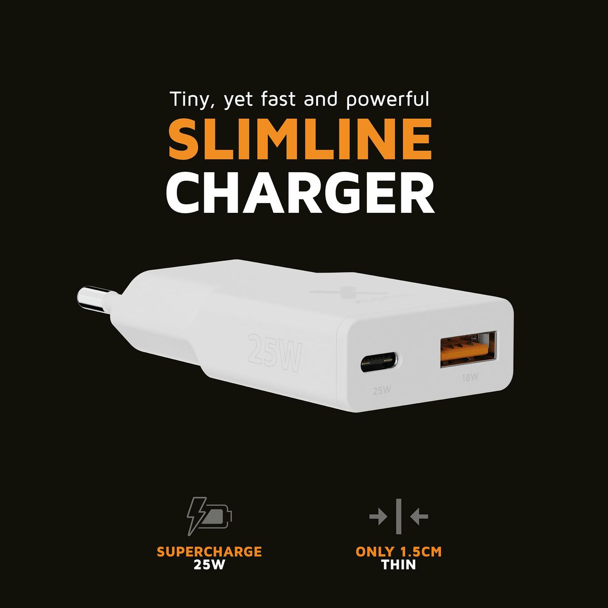 Detail van de Xtorm Powerbank XG2SL025 in wit, met USB-C en USB-A poorten.