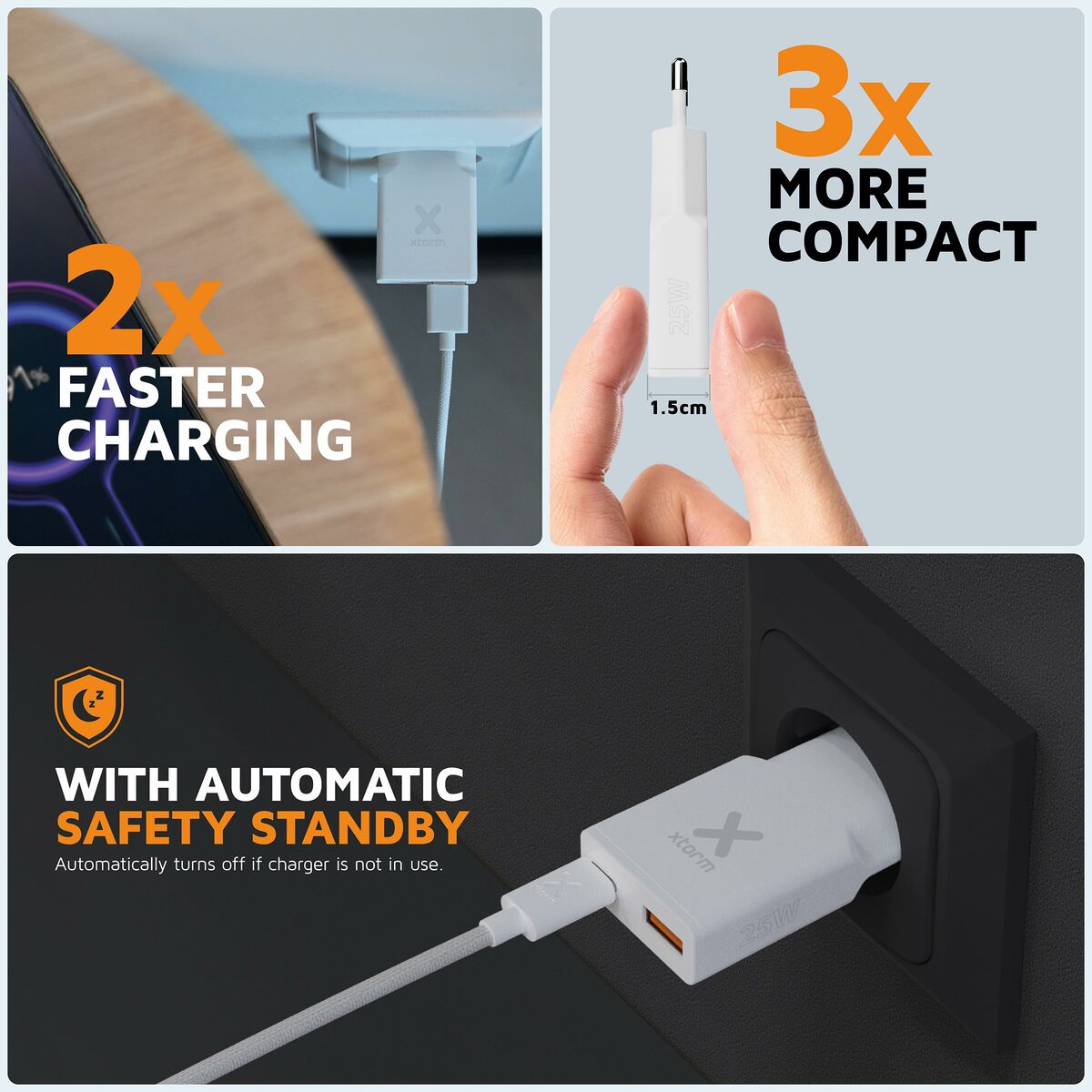 Detail van de Xtorm XG2SL025 powerbank met snellader en automatische veiligheidsstandby.
