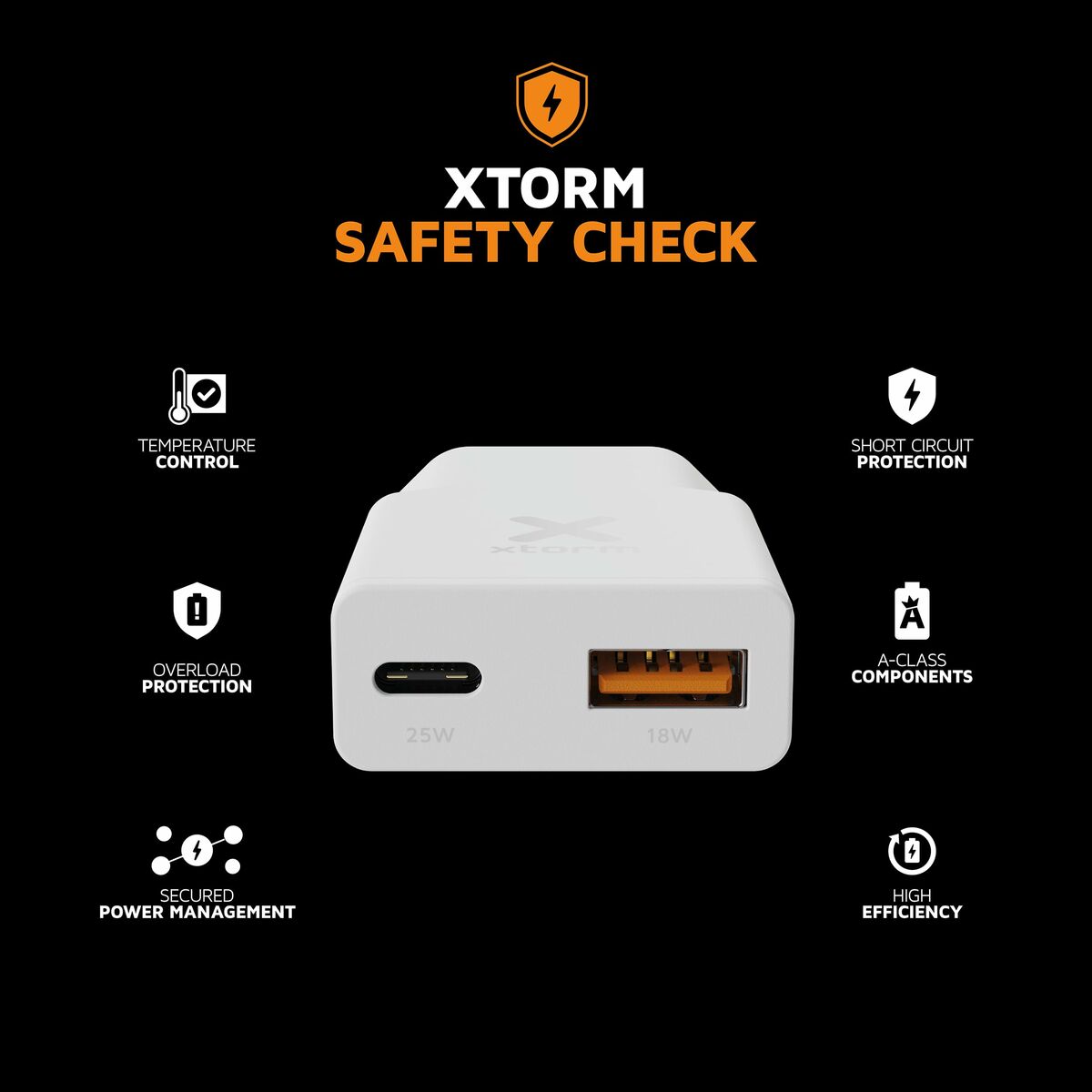 Detail van de Xtorm XG2SL025 powerbank met veiligheidsinformatie en poorten.