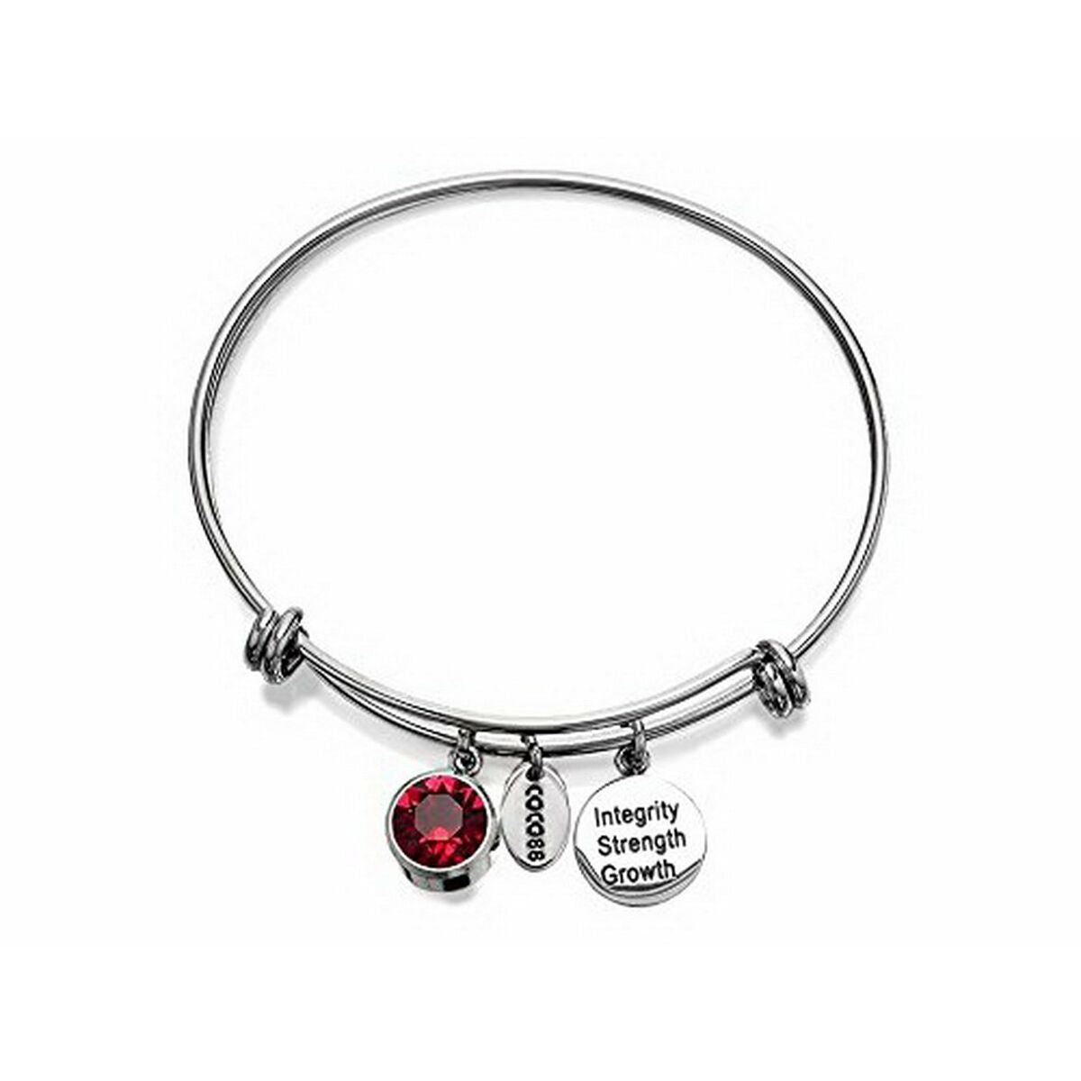 Zilverkleurige CO88 Collection armband met rode steen en bedels met teksten.