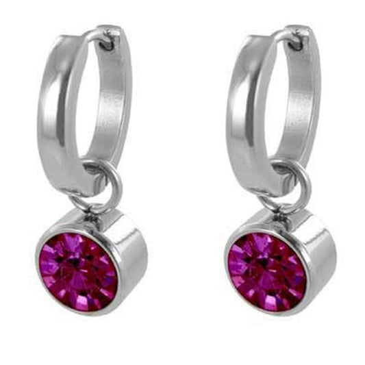 Zilverkleurige CO88 Collection oorbellen met fuchsia stenen, elegant design voor elke gelegenheid.