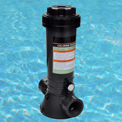 Zijaanzicht van de vidaXL automatische chloordispenser voor zwembadonderhoud in helder water.