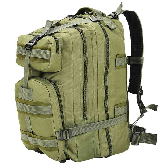 Olijfgroene vidaXL legerstijl rugzak van 50 liter met meerdere opbergvakken.