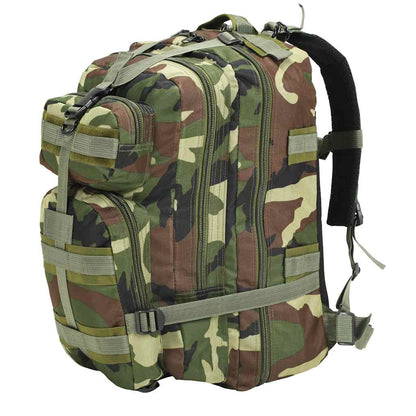 vidaXL rugzak in camouflage met 50 liter inhoud, zijaanzicht met meerdere opbergvakken.