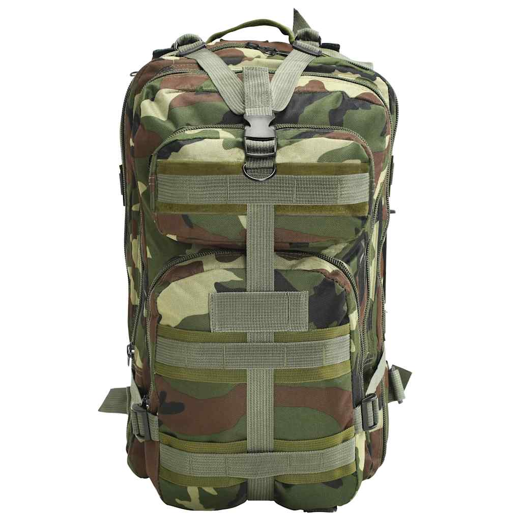 Detail van de vidaXL legerstijl rugzak in camouflage met meerdere opbergvakken.