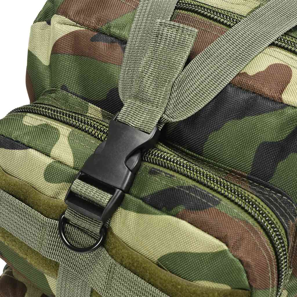 Detail van de camouflage rugzak vidaXL met stevige ritssluiting en verstelbare band.