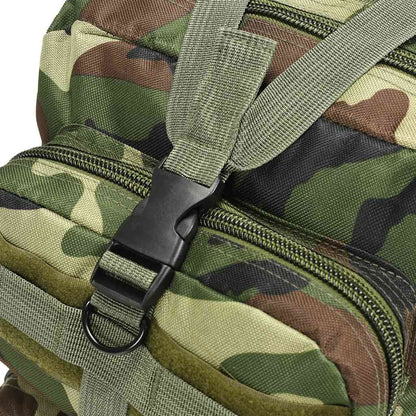 Detail van de camouflage rugzak vidaXL met stevige ritssluiting en verstelbare band.