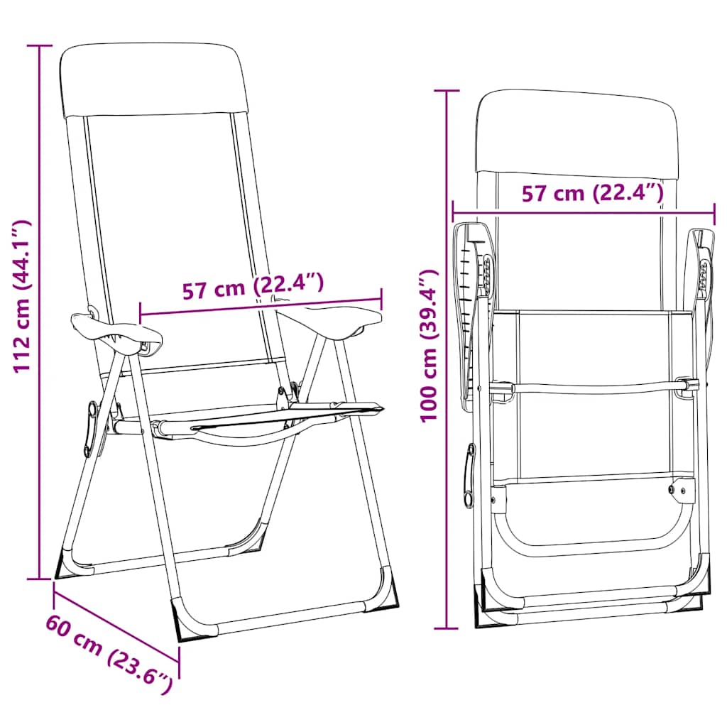Detail van de afmetingen van de vidaXL inklapbare campingstoel in zwart.