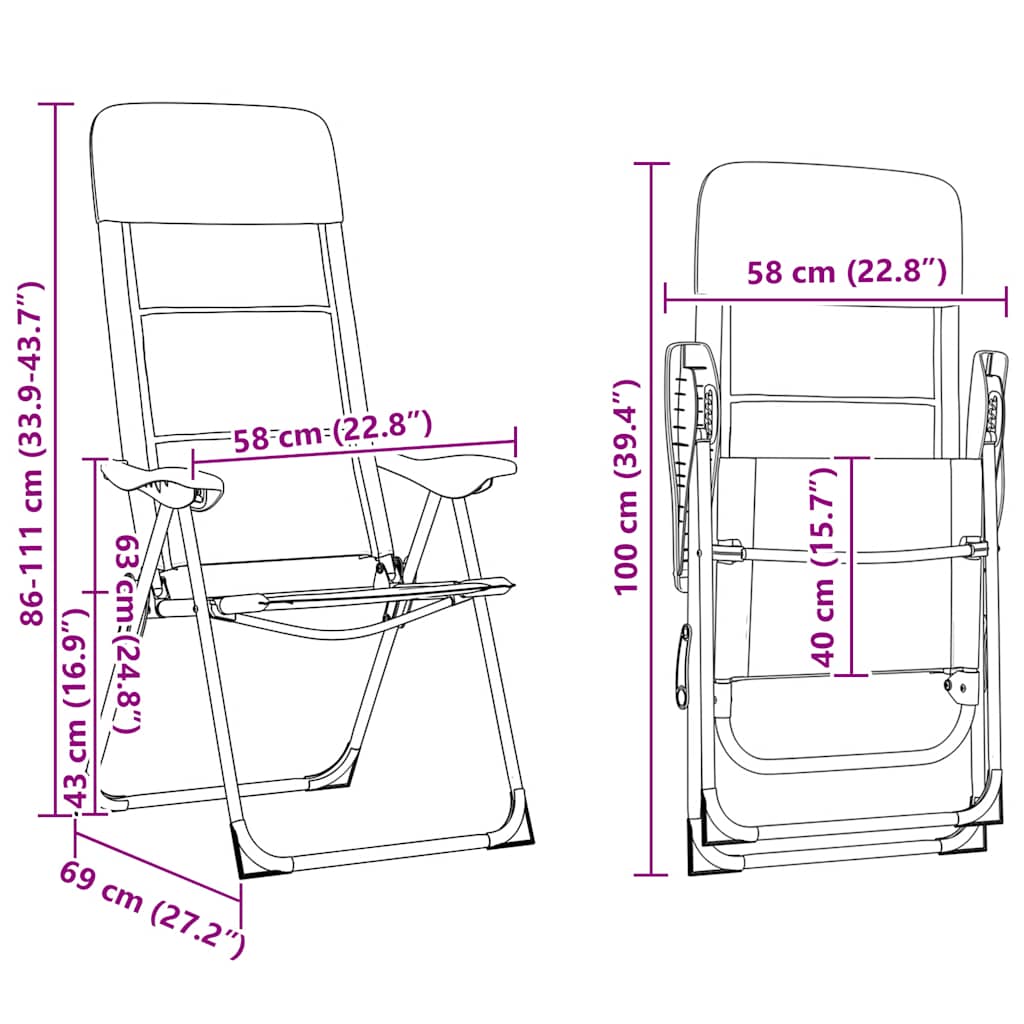 Detail van de vidaXL campingstoel met afmetingen en verstelbare rugleuning in grijs.