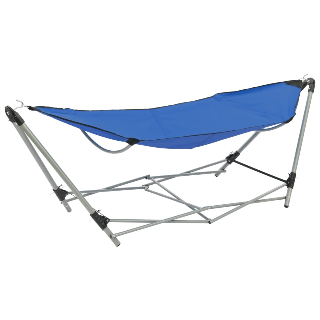 Blauwe vidaXL hangmat met inklapbare standaard, zijaanzicht op het stevige frame.