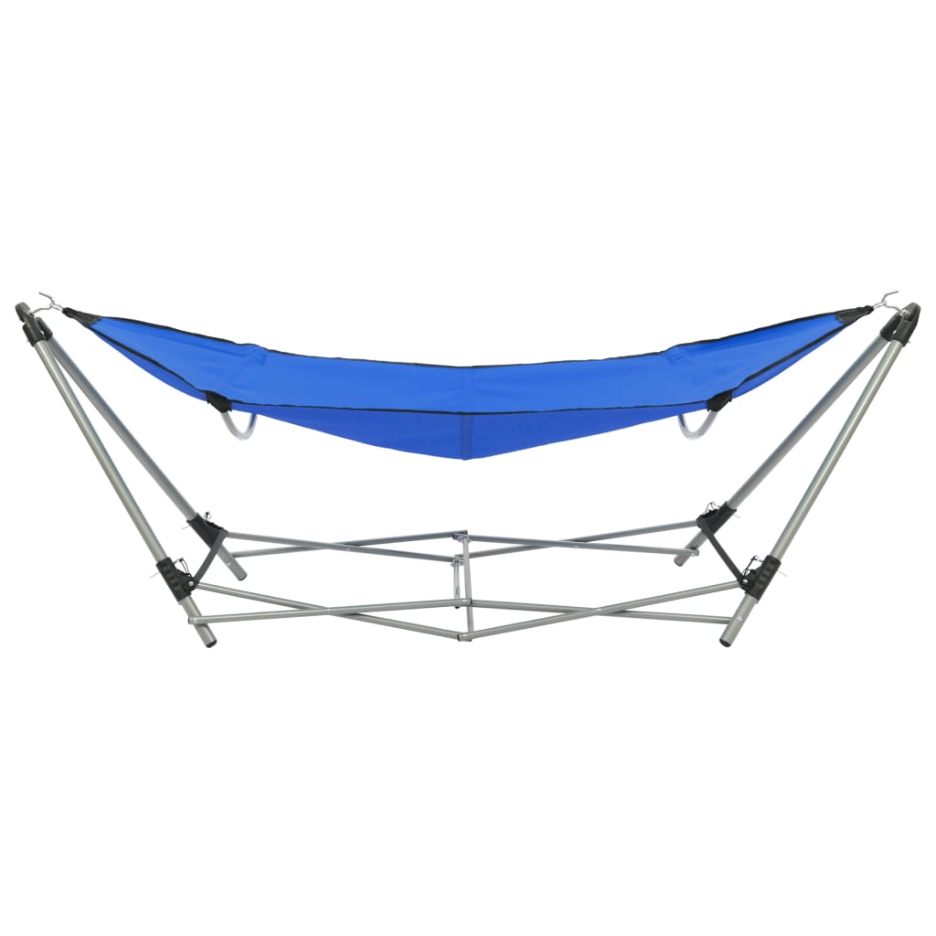 Zijaanzicht van de blauwe vidaXL hangmat met inklapbare standaard en stevig frame.