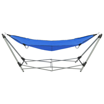 Zijaanzicht van de blauwe vidaXL hangmat met inklapbare standaard en stevig frame.