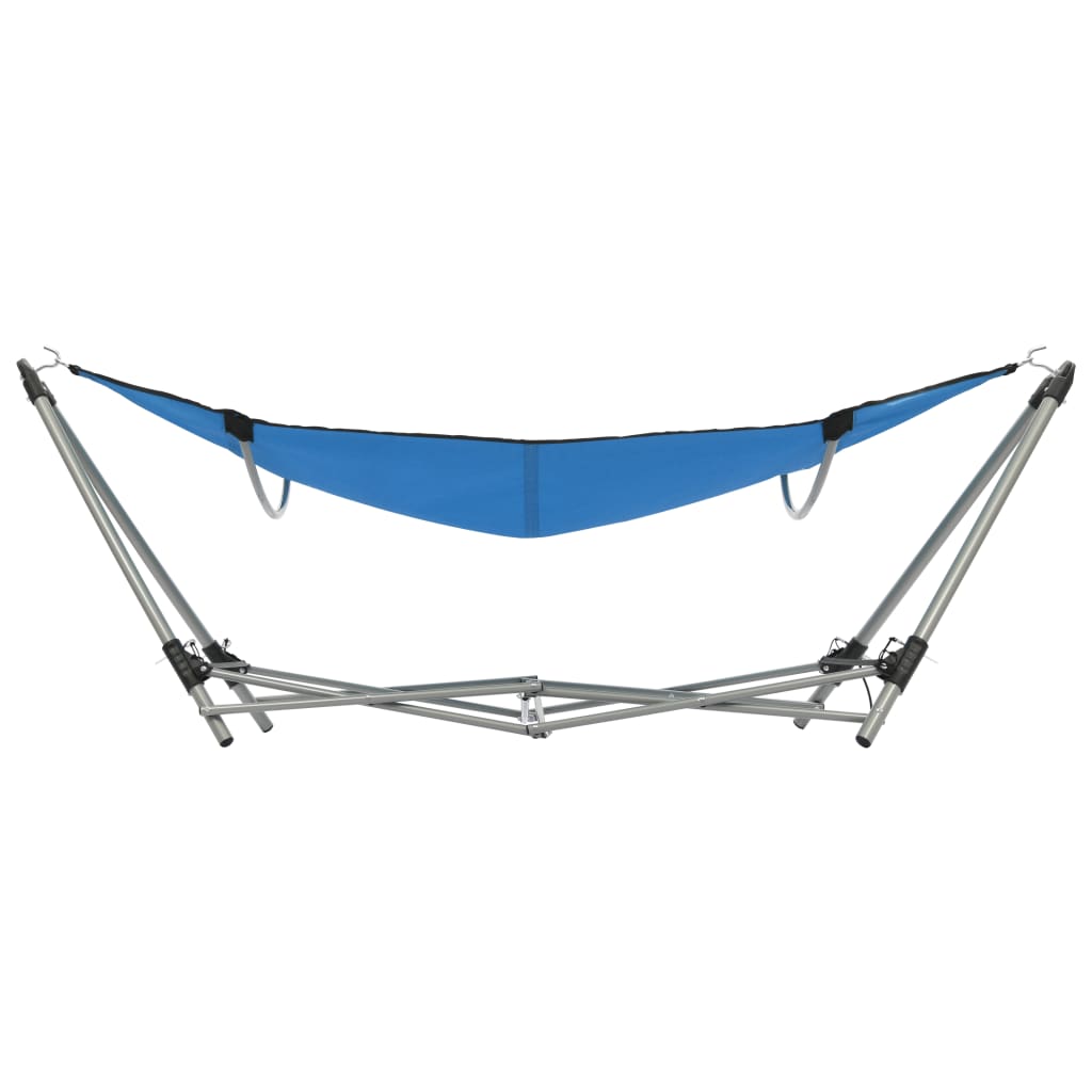 Detail van de blauwe vidaXL hangmat met inklapbare standaard vanuit een zijaanzicht.