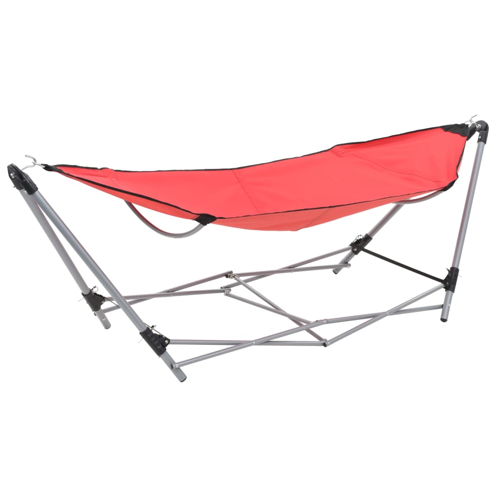 Rode vidaXL hangmat met inklapbare standaard, zijaanzicht op het frame.