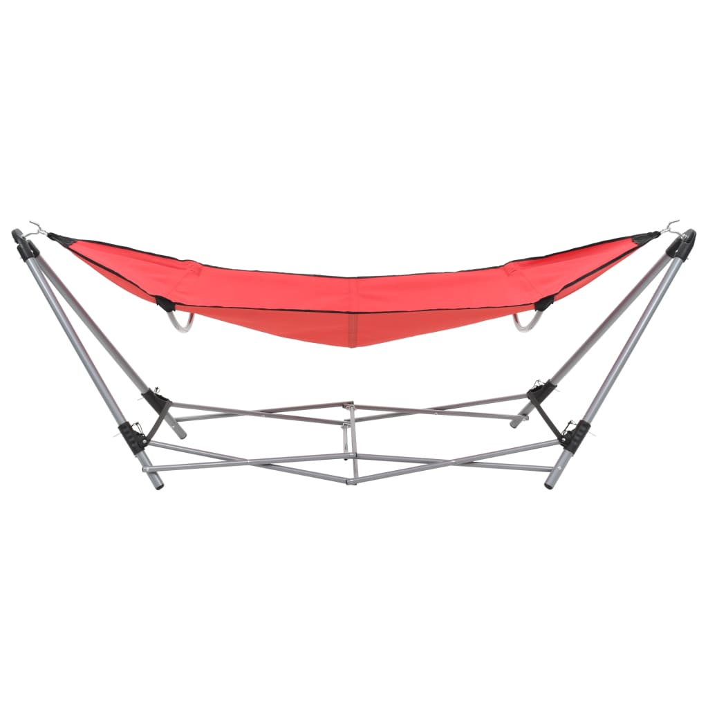 Zijaanzicht van de vidaXL hangmat met inklapbare standaard in rood.