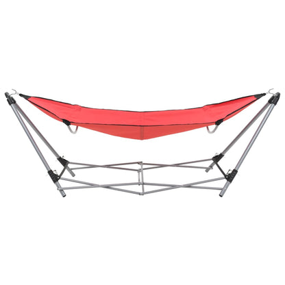 Zijaanzicht van de vidaXL hangmat met inklapbare standaard in rood.