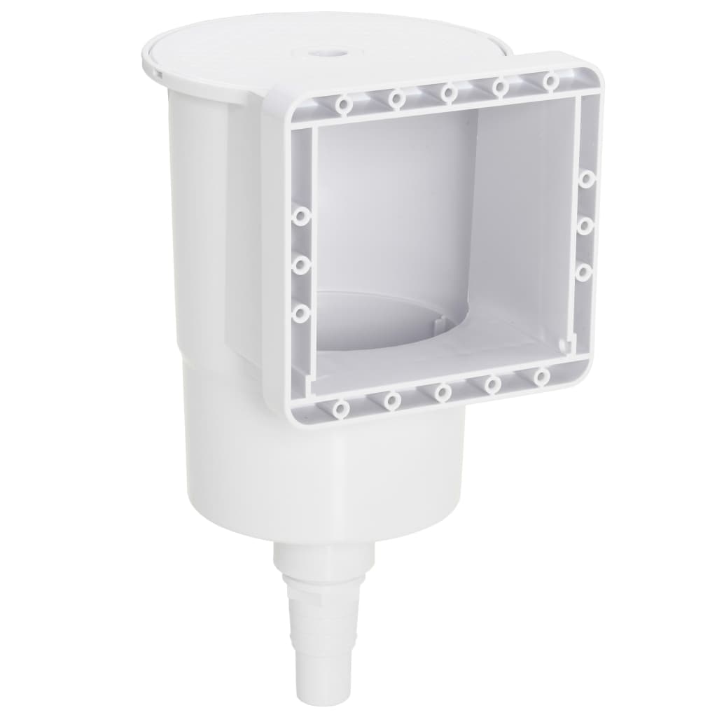 Detail van de witte zwembadskimmer van vidaXL met open bovenkant en bevestigingspunten.