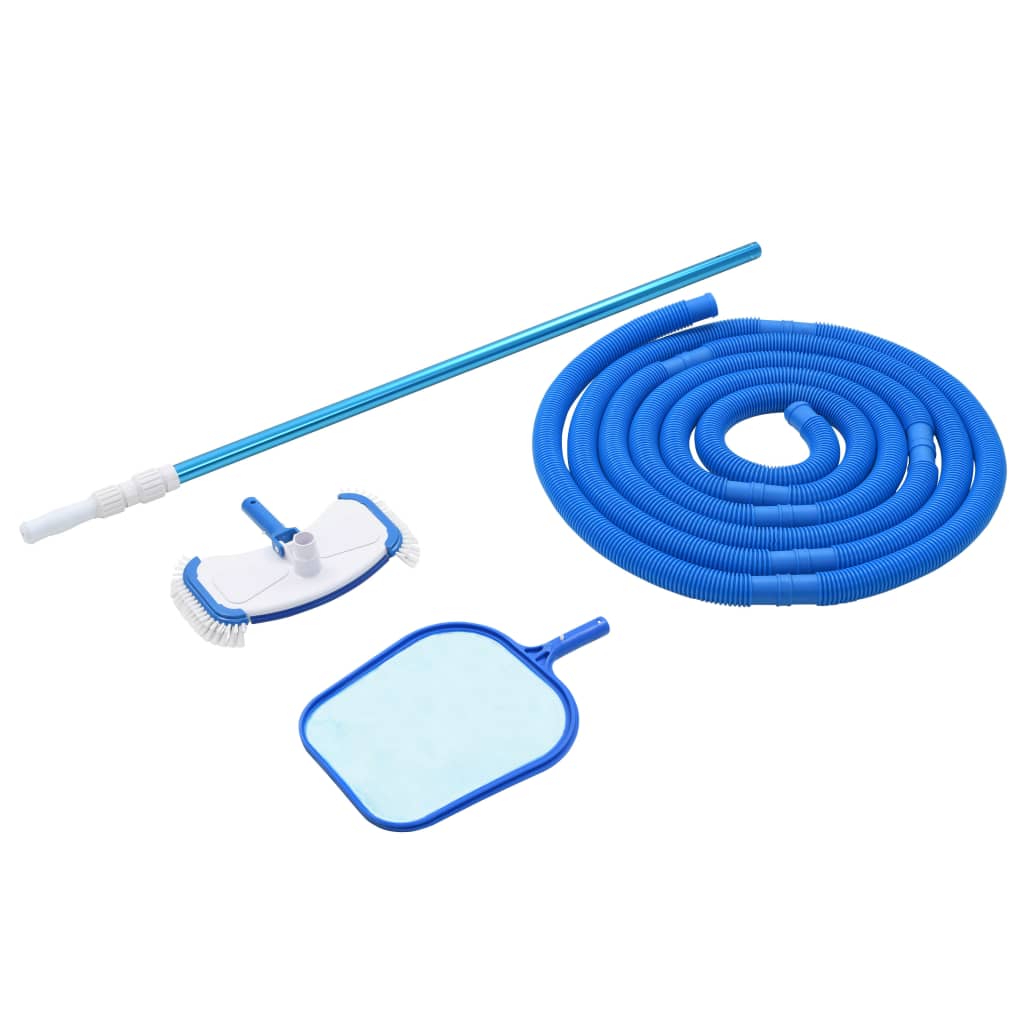 Detail van de vidaXL 4-delige zwembad onderhoudsset met blauwe accessoires en flexibele slang.