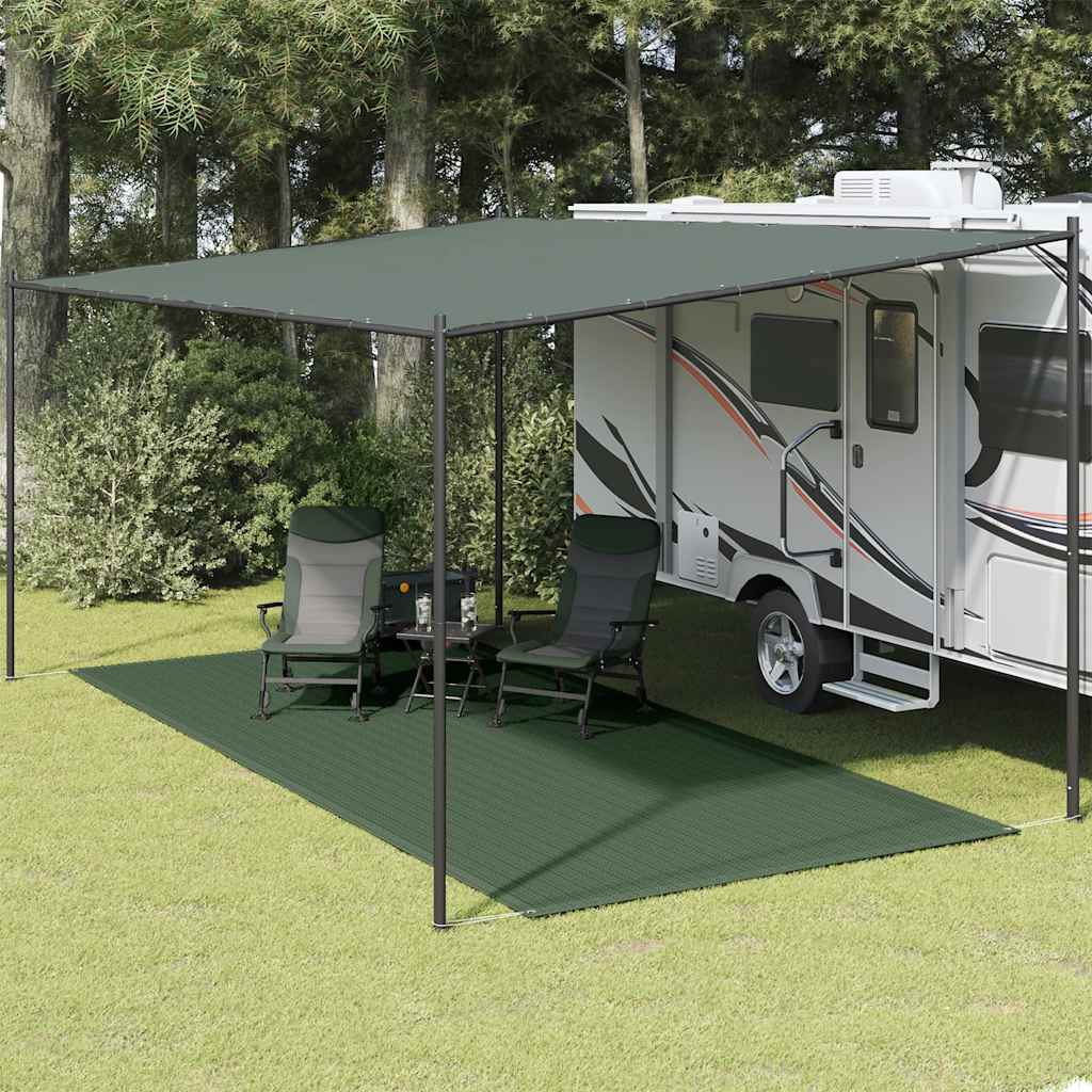 vidaXL tenttapijt 250x600 cm in groen, geplaatst onder een caravanluifel met stoelen en tafel.