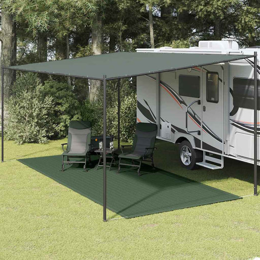 vidaXL tenttapijt 250x600 cm in groen, geplaatst onder een caravanluifel met stoelen en tafel.