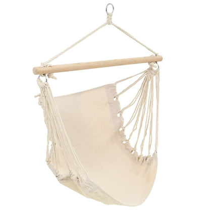 Detail van de crème vidaXL hangstoel met stevig houten frame en touwbevestiging.