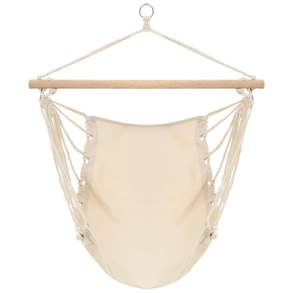 Detail van de crème witte vidaXL hangstoel met hardhouten spreider en stevige ophanglijnen.