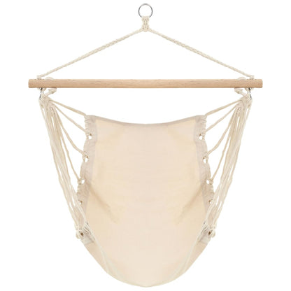 Detail van de crème witte vidaXL hangstoel met hardhouten spreider en stevige ophanglijnen.