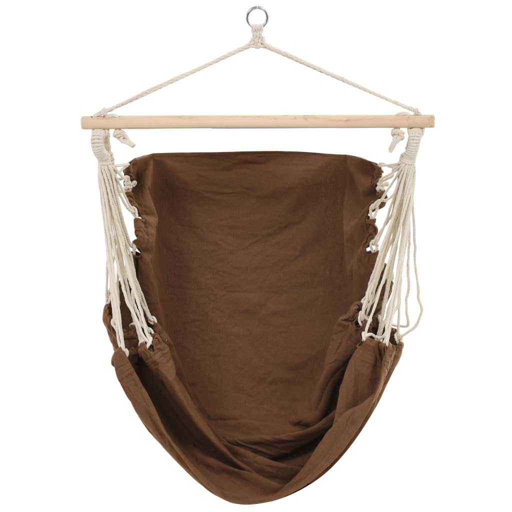 Detail van de bruine vidaXL hangstoel met houten ophangbalk en stevige touwen.