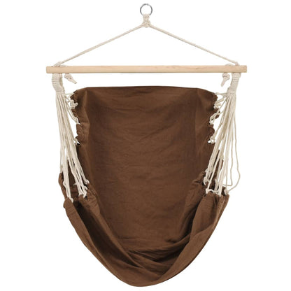 Detail van de bruine vidaXL hangstoel met houten ophangbalk en stevige touwen.
