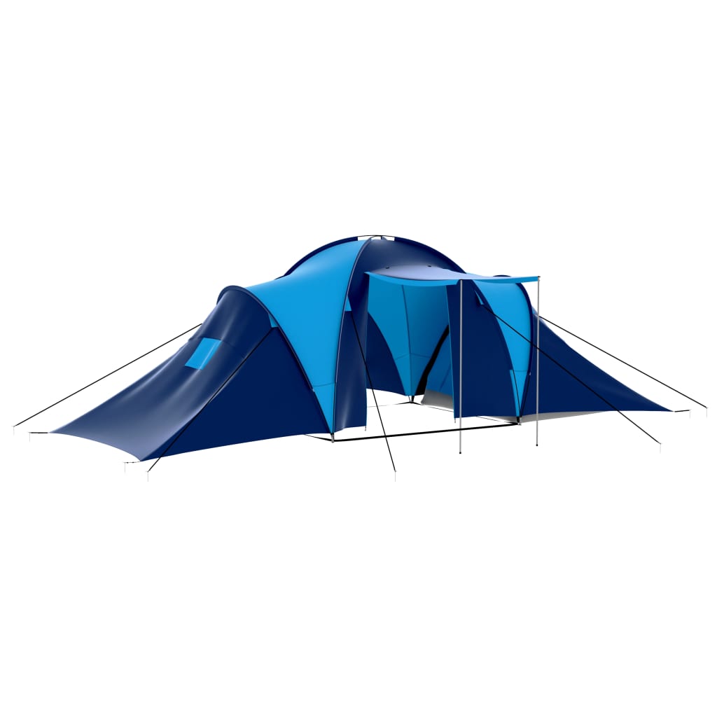 Donkerblauwe vidaXL tent voor 9 personen met een blauw dak en luifel.