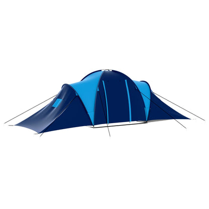 Zijaanzicht van de donkerblauwe vidaXL tent met blauwe accenten en opgezette luifel.