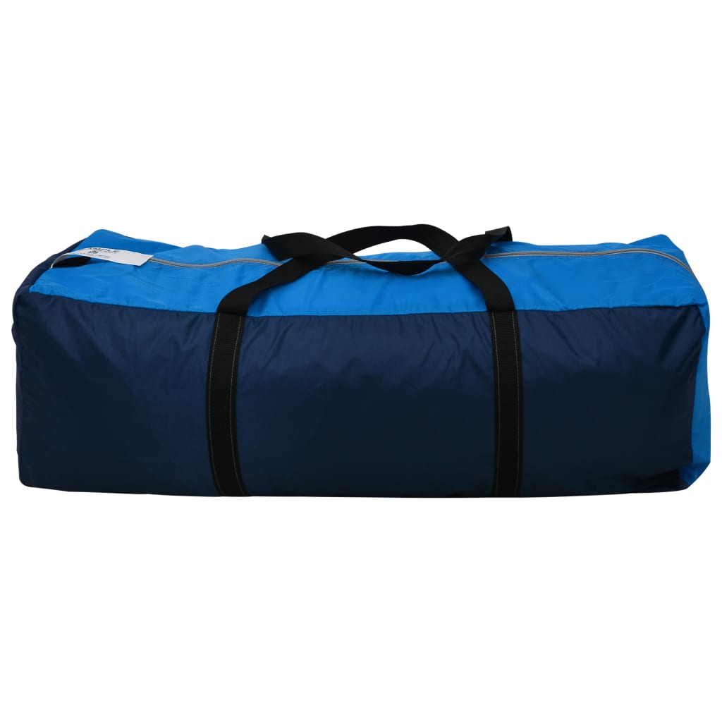 Donkerblauwe en blauwe vidaXL tent met zwarte draagriemen, zijaanzicht van de opbergtas.