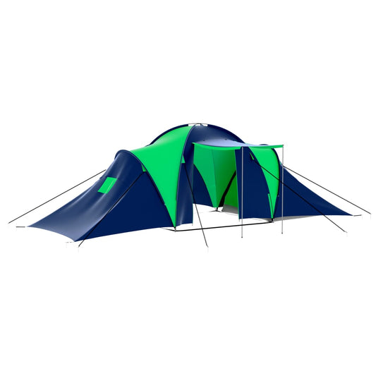 vidaXL tent voor 9 personen in blauw en groen, met ruime opzet en aparte compartimenten.