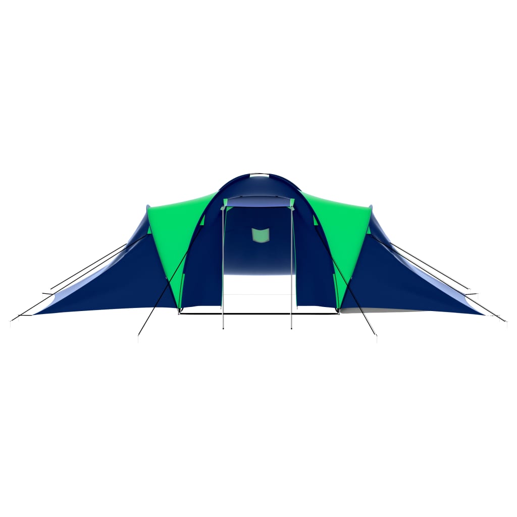 Blauwe en groene vidaXL tent met een ruime ingang en ventilatieopening.