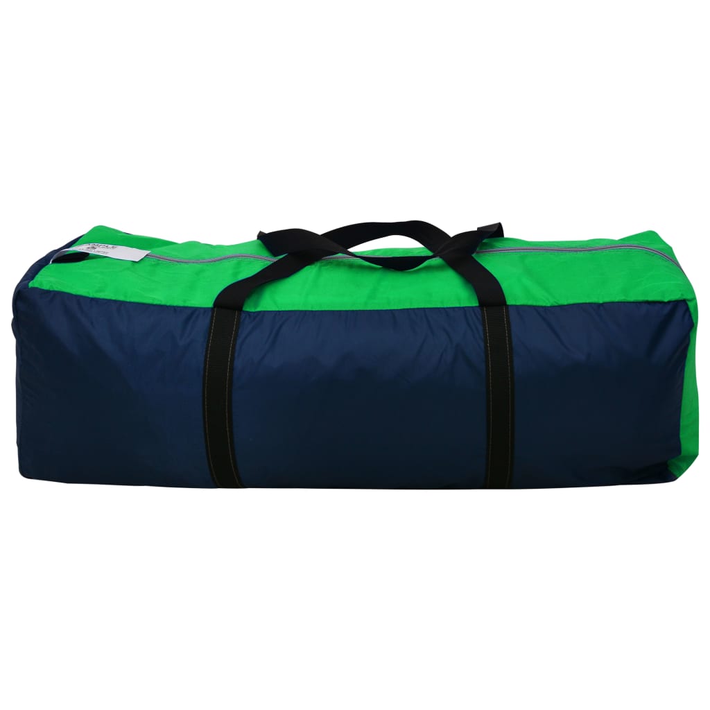 Blauwe en groene vidaXL tent opgevouwen in een stevige draagtas, zijaanzicht.