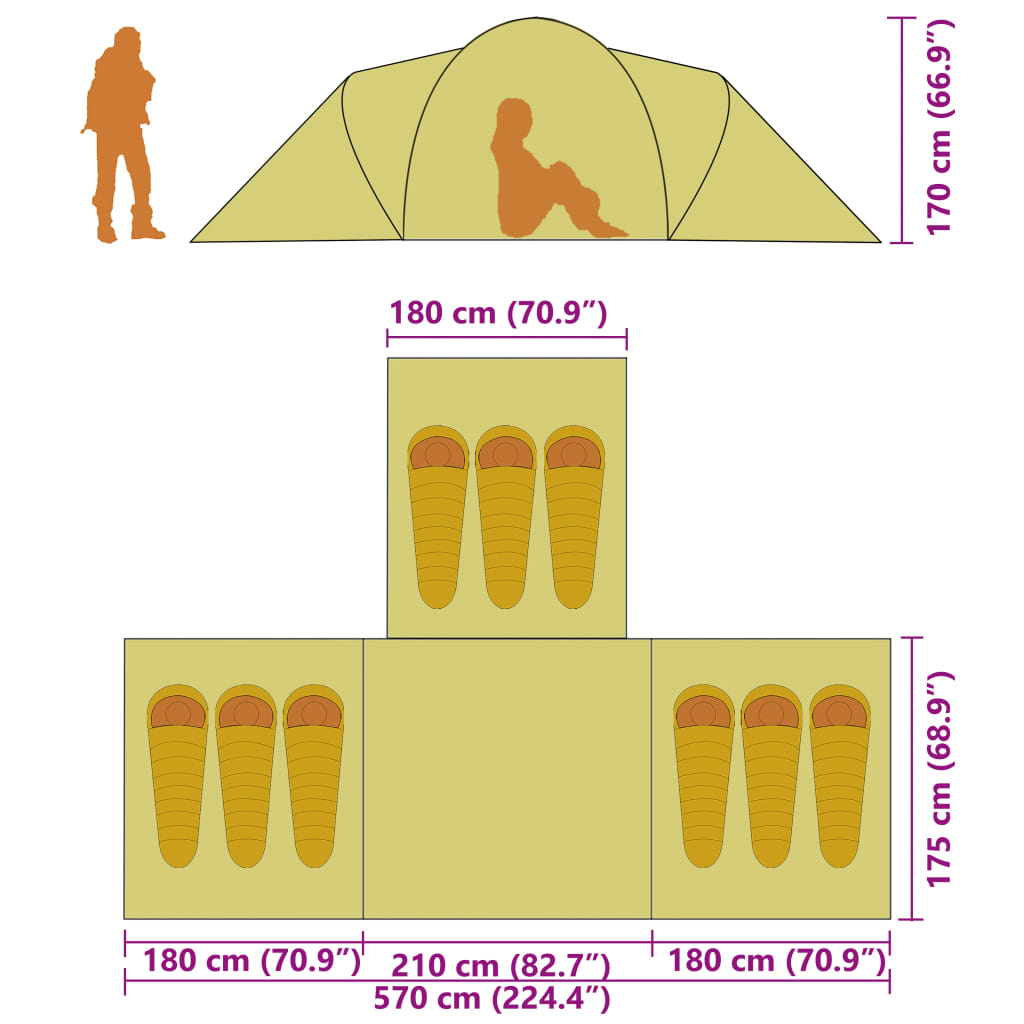 Detail van de tentindeling met afmetingen en slaapcompartimenten van vidaXL tent voor 9 personen.