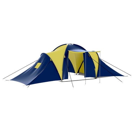 Blauwe en gele vidaXL tent voor 9 personen met ruime opzet en aparte kamers.