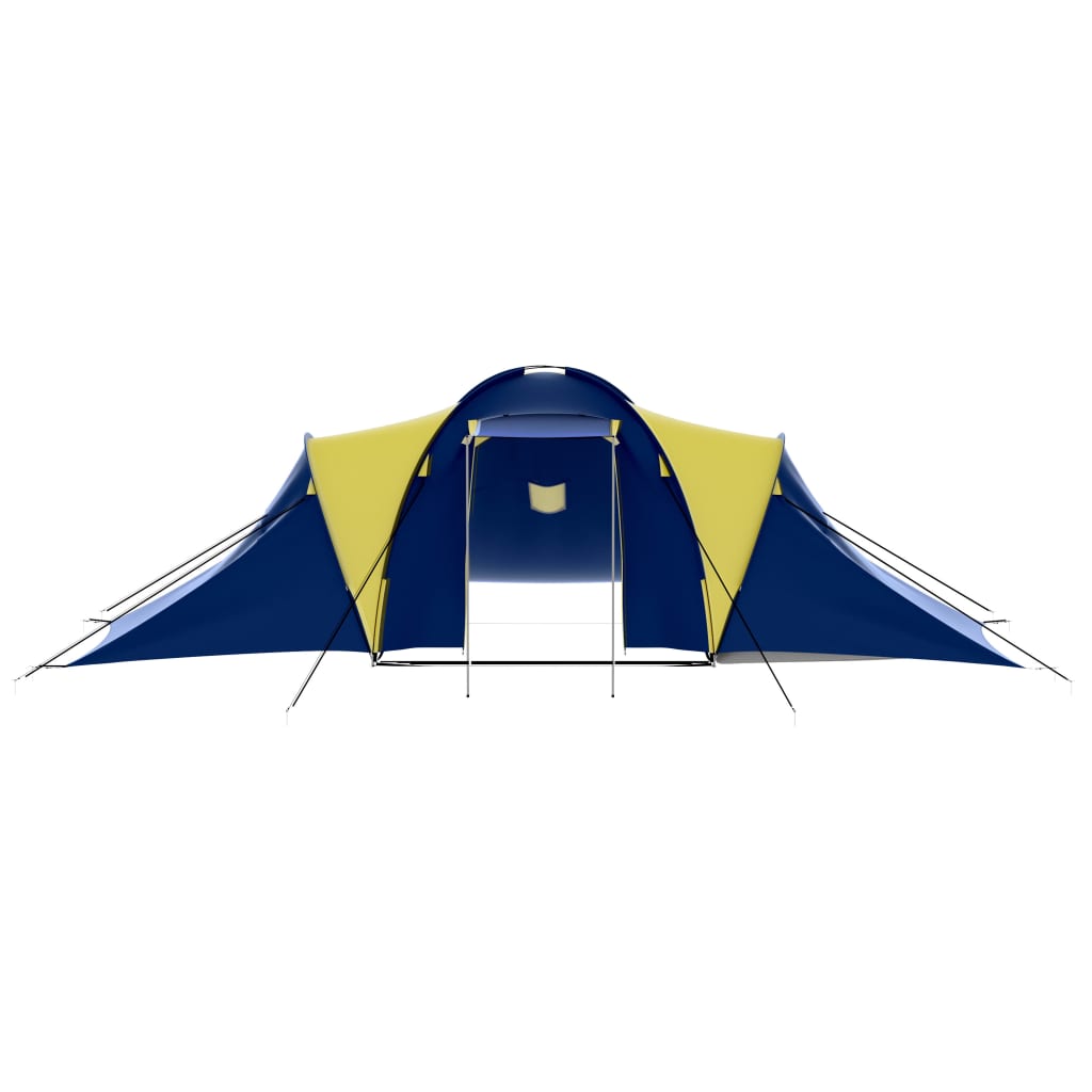 Zijaanzicht van de vidaXL tent in blauw en geel met een ruime ingang.