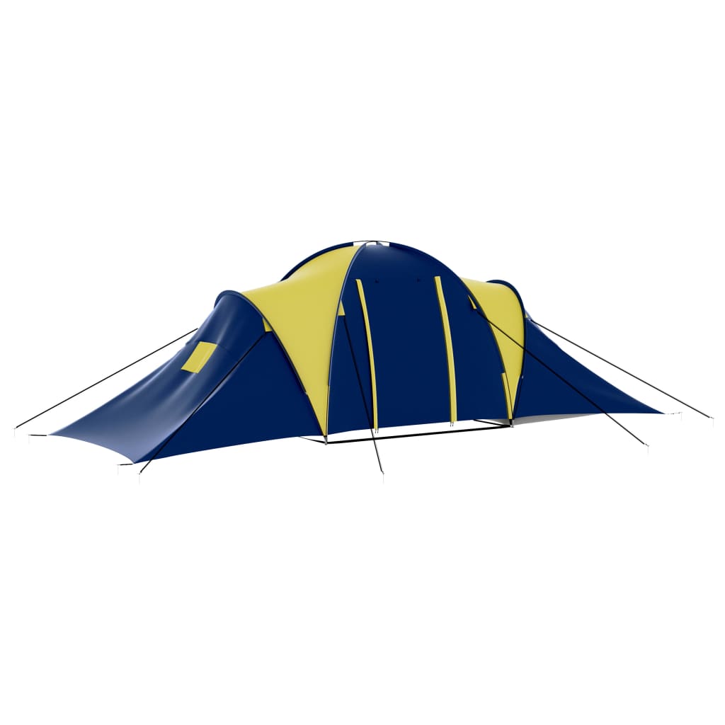 Zijaanzicht van de vidaXL tent in blauw en geel met een aerodynamisch ontwerp.