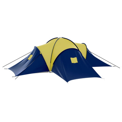 Detail van de vidaXL tent in blauw en geel, met gebogen dak en ruime opzet.